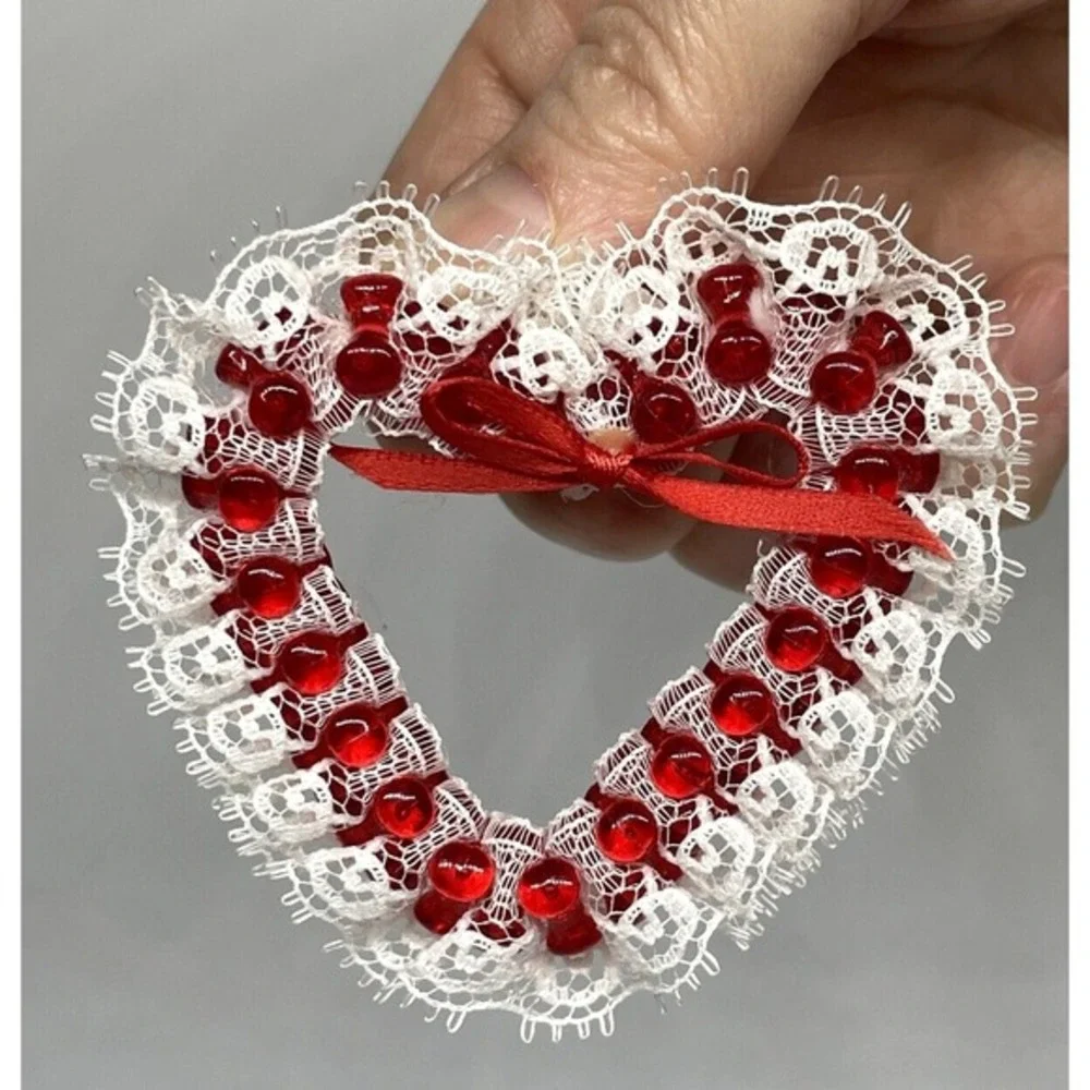 Beaded Heart Brooch With Lace Red Bow Valentines Day Pin Vintage‎ Handmade